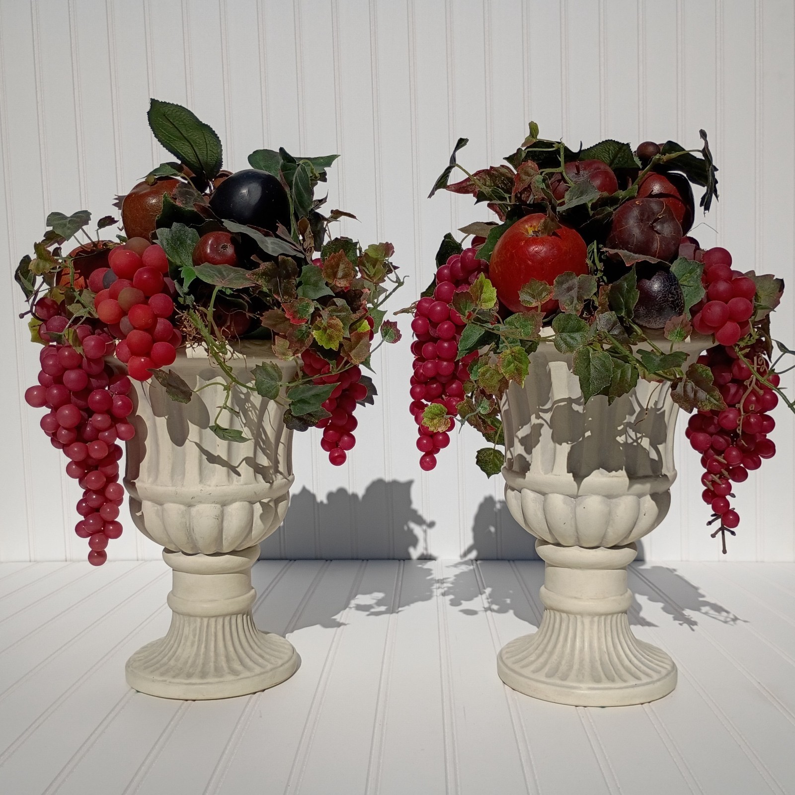 Vintage MCM Ceramic Urn Planters Neo Classical Regency Grapes Arrangements PAIR