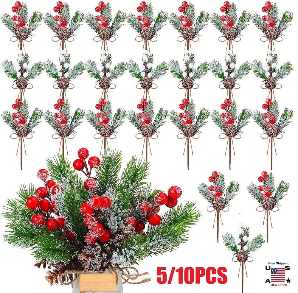 20PCS Christmas Red Berries Stems Floral Pinecones Artificial Holly Cones Picks