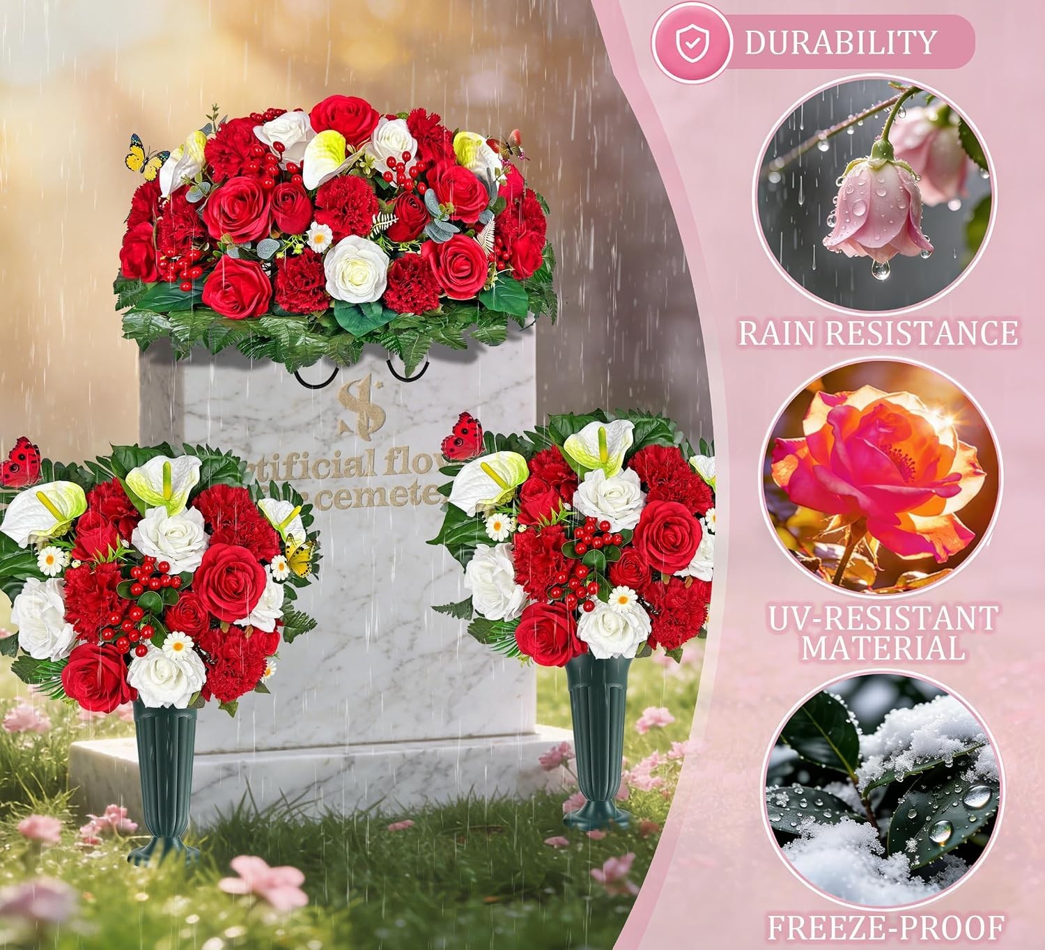 Artificial Cemetery Flower with Vases for Grave Decoration, 3PC,Red Rose Carn…