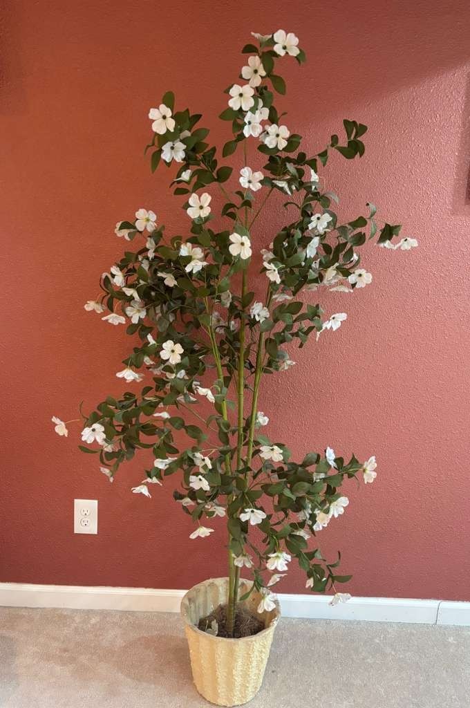 Artificial Dogwood Potted Tree 5 1/2 to 6′ Tall, Green and White Pre-Owned