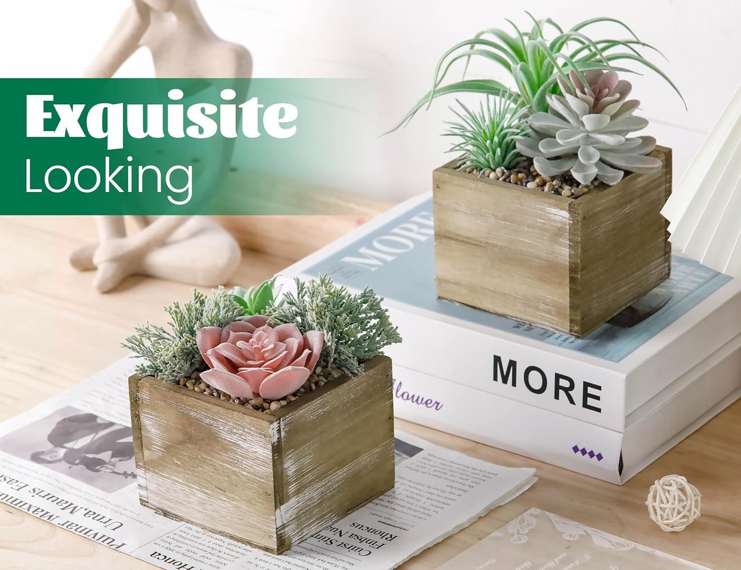 2 Pack Artificial Succulent Cactus Plants Wood Pots Pink Flower Decor