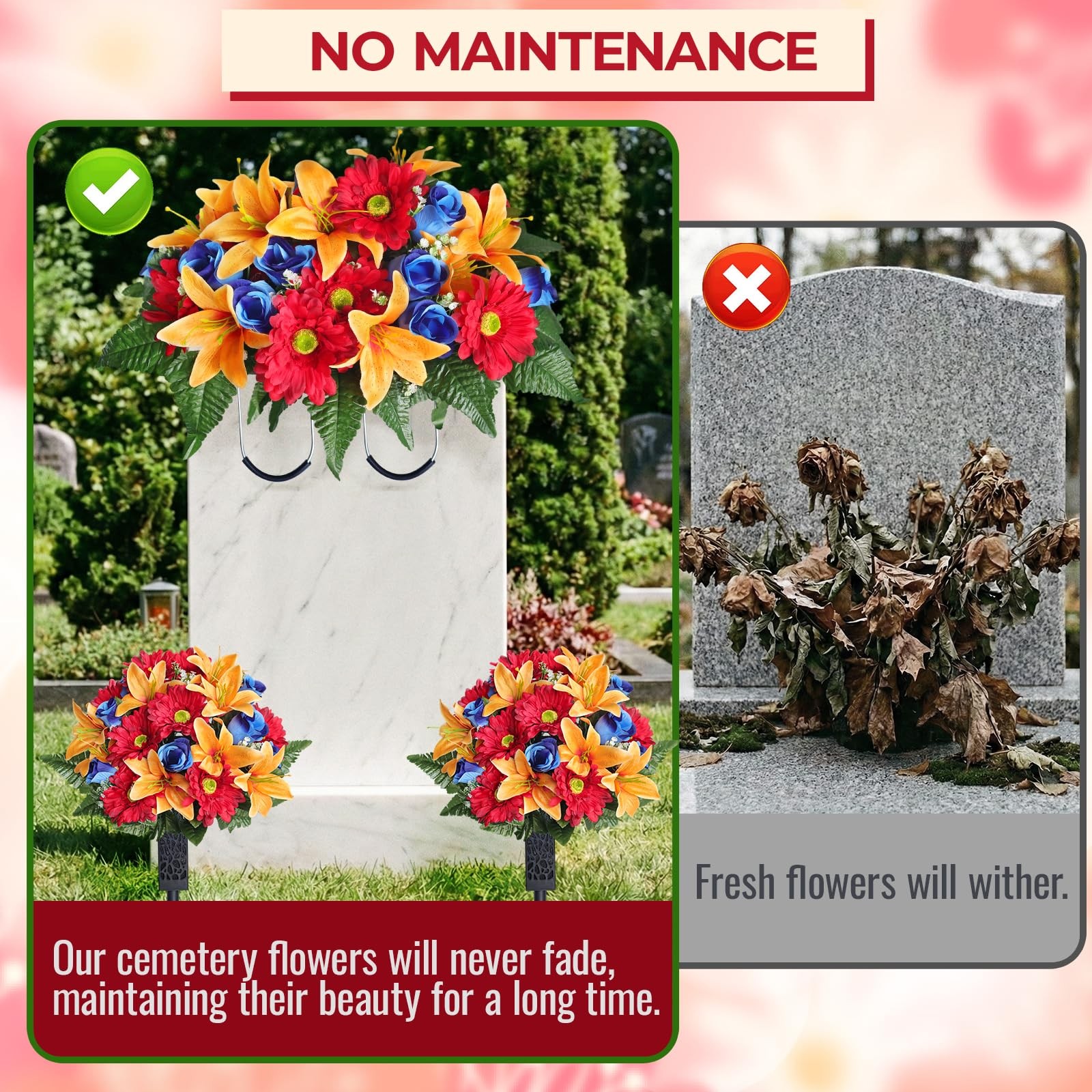 Artificial Cemetery Flower Saddles 3 PCS Lily Rose Gerbera with Vase for Grave