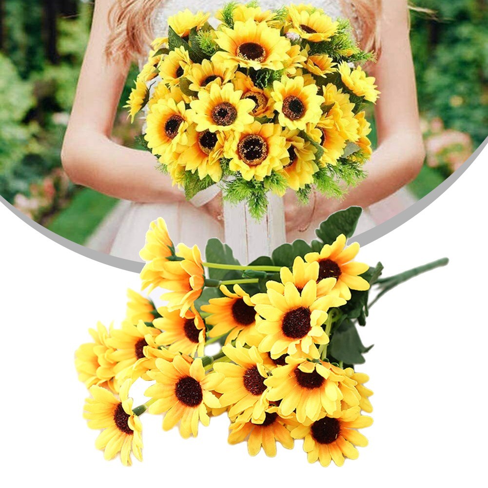 Fake Sunflower Bouquet Wedding Party Decor 24 Heads Artificial Flowers