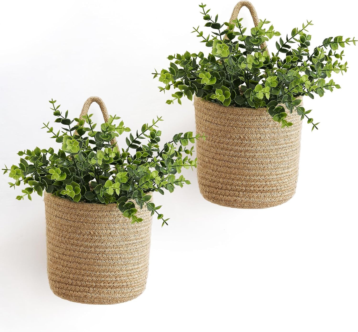 2 Pack Wall Hanging Rope Basket (6.5″W×7″H) with Artificial Eucalyptus, Jute Wov