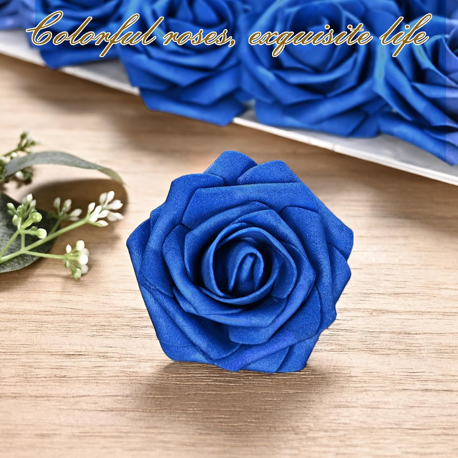 16Pcs Artificial Flowers Fake Roses with Stems, Royal Blue Boxed Foam Roses f…