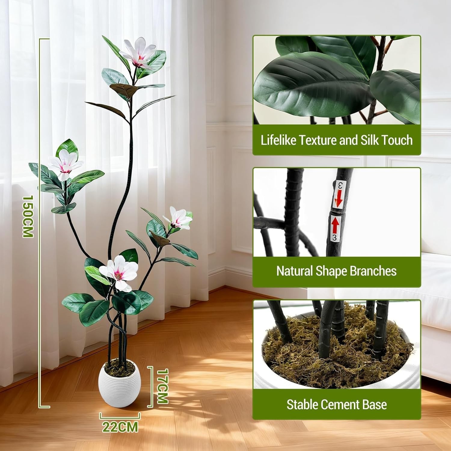 150cm Artificial Magnolia Tree, Lifelike Faux Rubber Plant with Magnolia Flowers