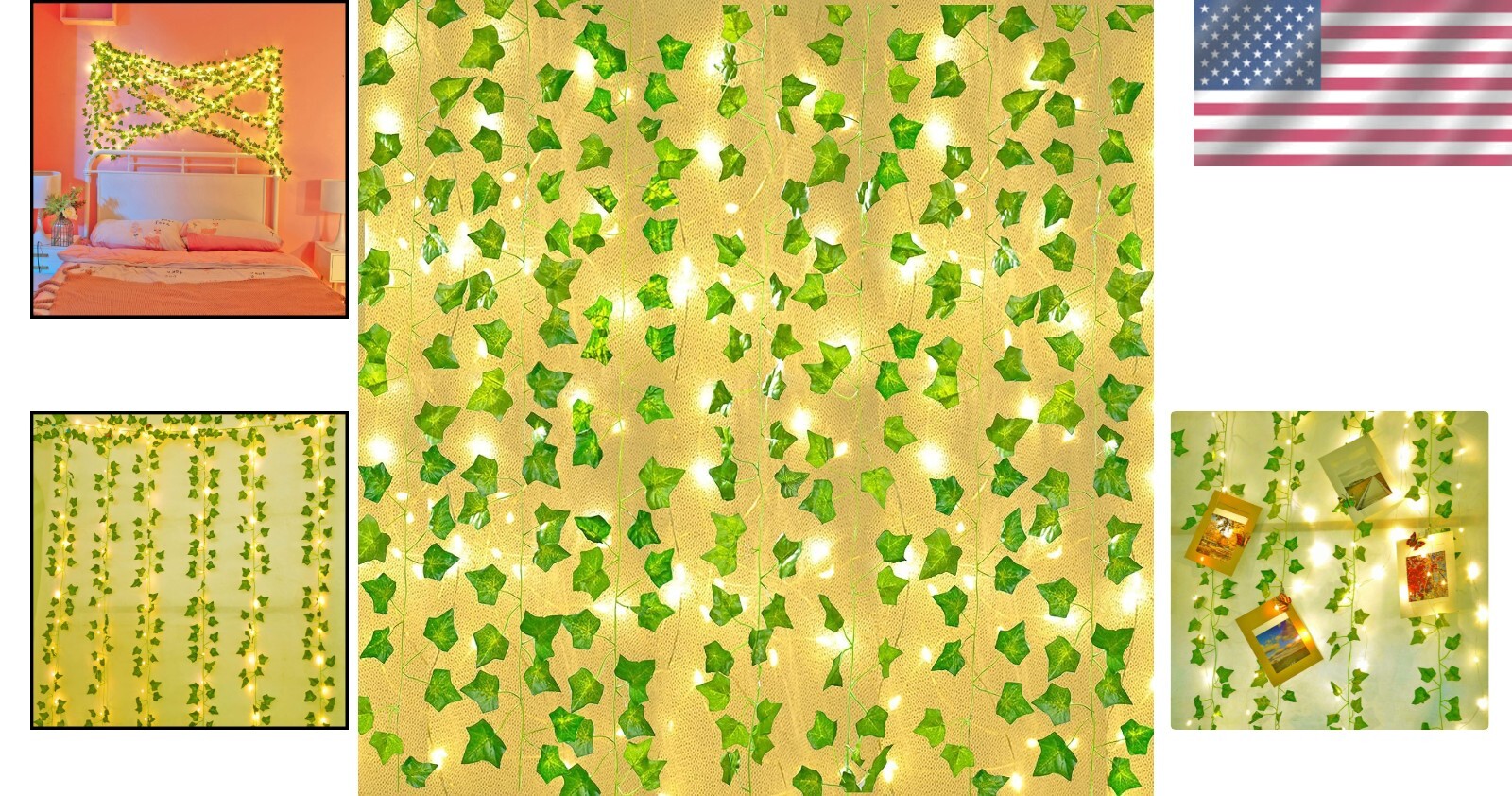 Durable Waterproof 12 Pcs Green Ivy Vines with 200 LED Lights – Indoor & Outdoor