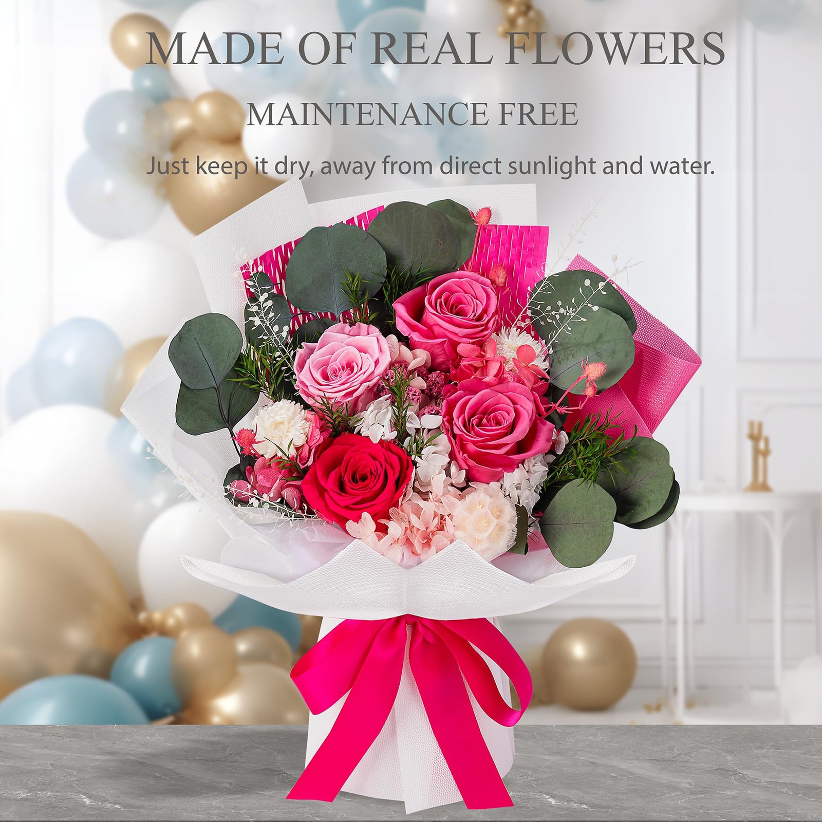 4 Roses Mixed Bouquet Pink Preserved Flowers Womens Mothers Day Birthday Gift