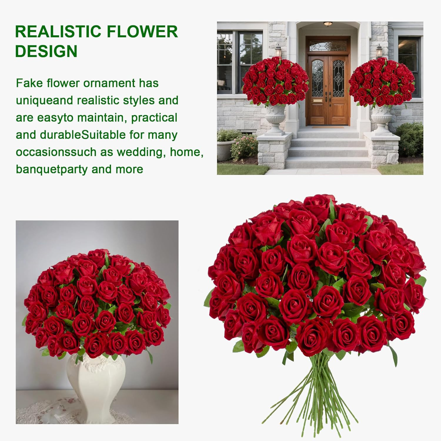 Red Artificial Roses – 100PCS Fake Flowers for Home Decor & Gifts
