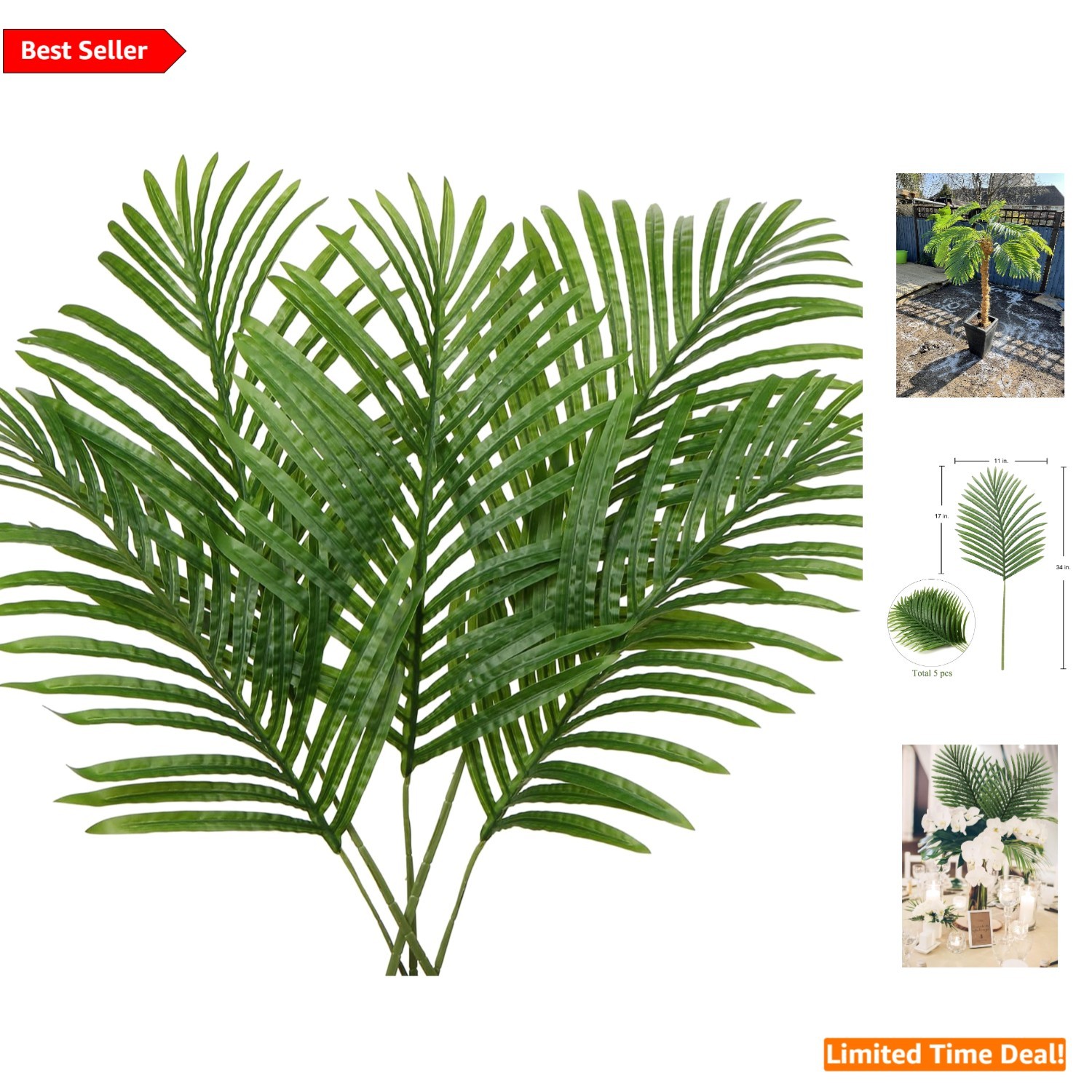 Realistic 34-Inch Artificial Palm Leaves – Perfect for Weddings and Home Decor
