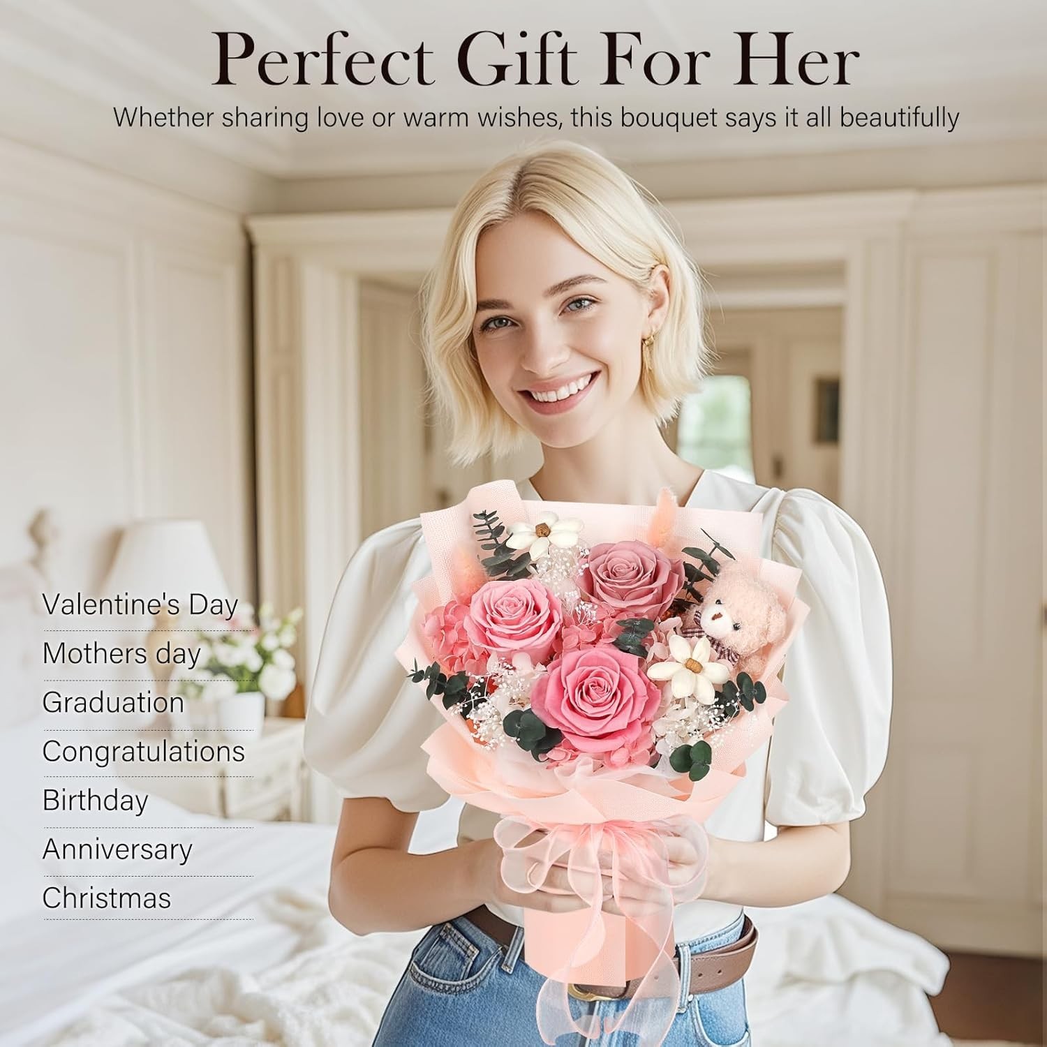 Preserved Flowers Bouquet with Bear Long Lasting Pink Roses Gift for Women
