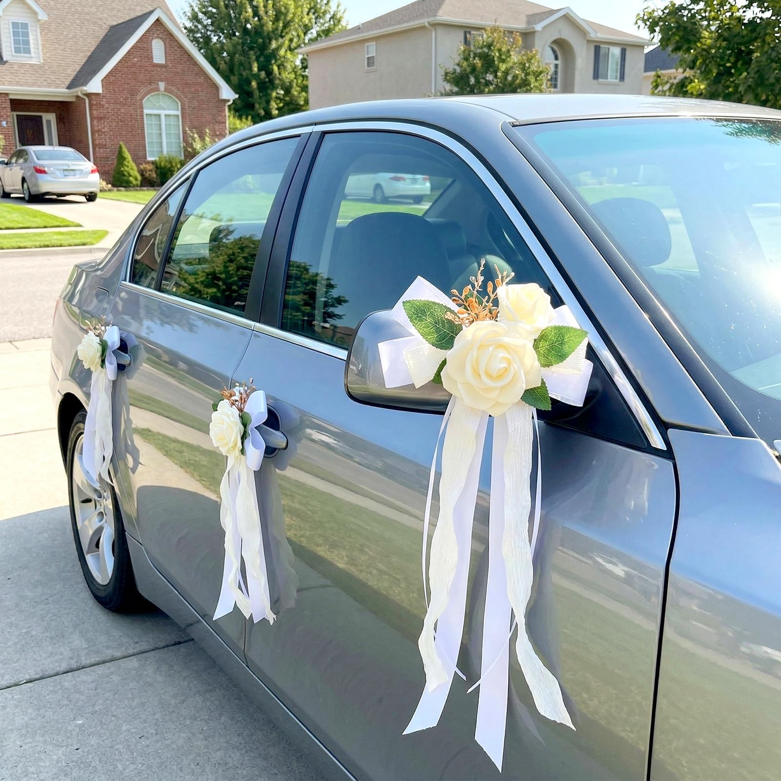 4PCS Wedding Car Door Handle Decorative Flowers, White Artificial Cars Bouquet F