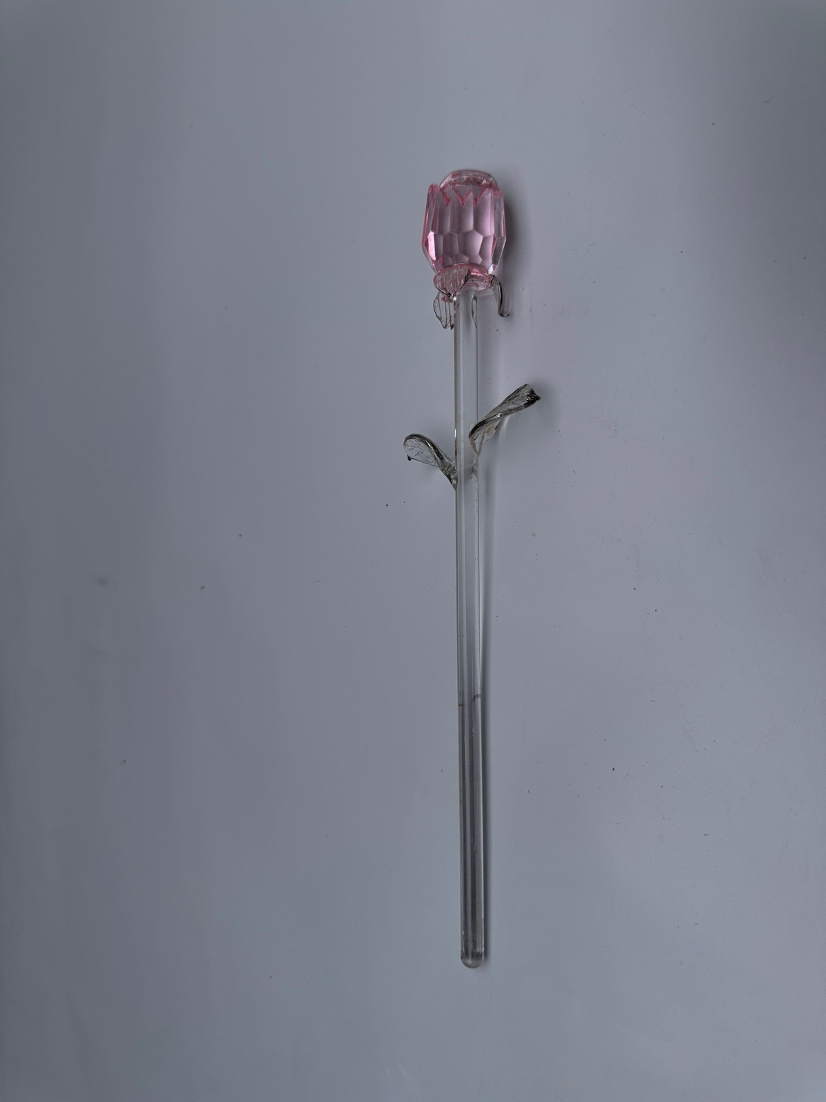 9” Pink Crystal Glass Rose Figurine Closed Bud Long Stem Flower Sculpture