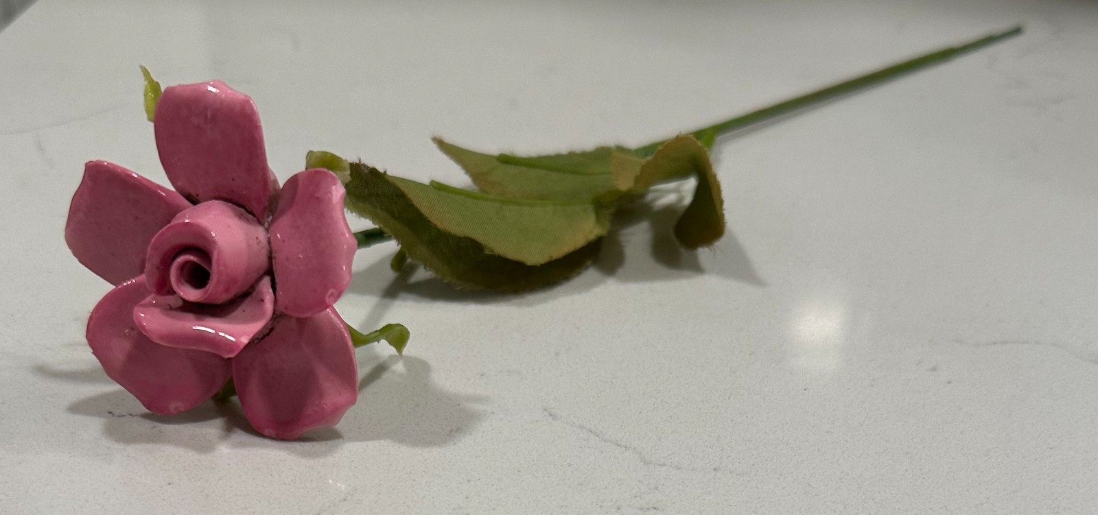 Vtg Porcelain Flower Pink Rose Long Stemmed Plastic Stem Leaves Bone China 12in