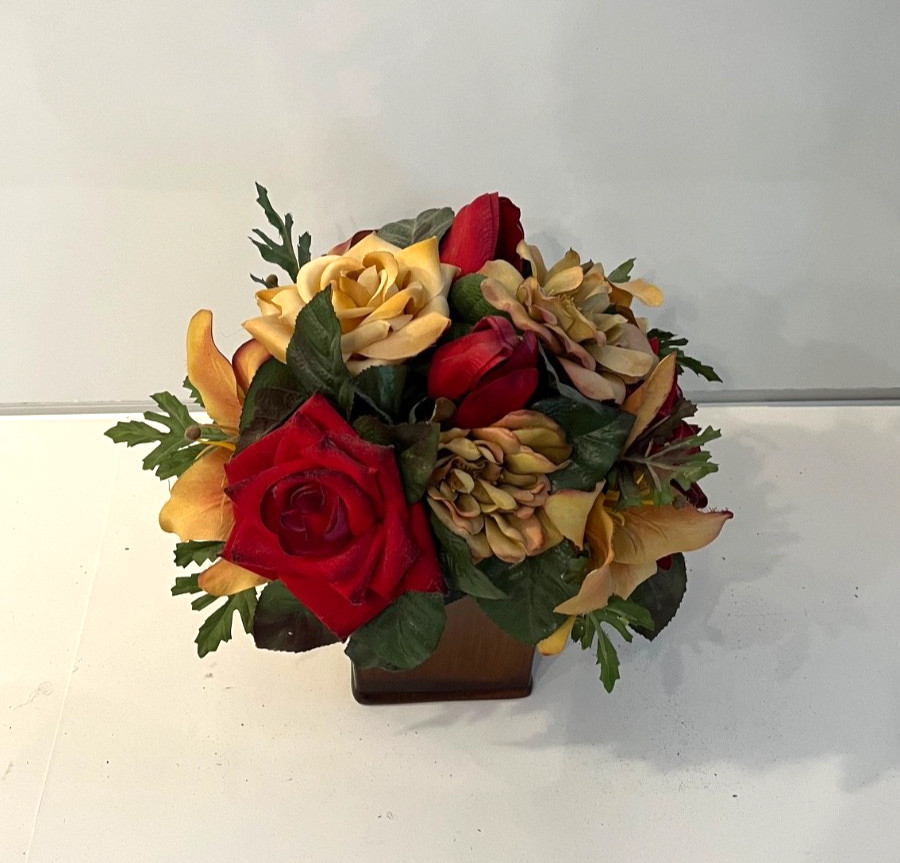 Red & Yellow Faux Flower Roses Centerpiece Beige Mahoga Brown Neutral Home Decor