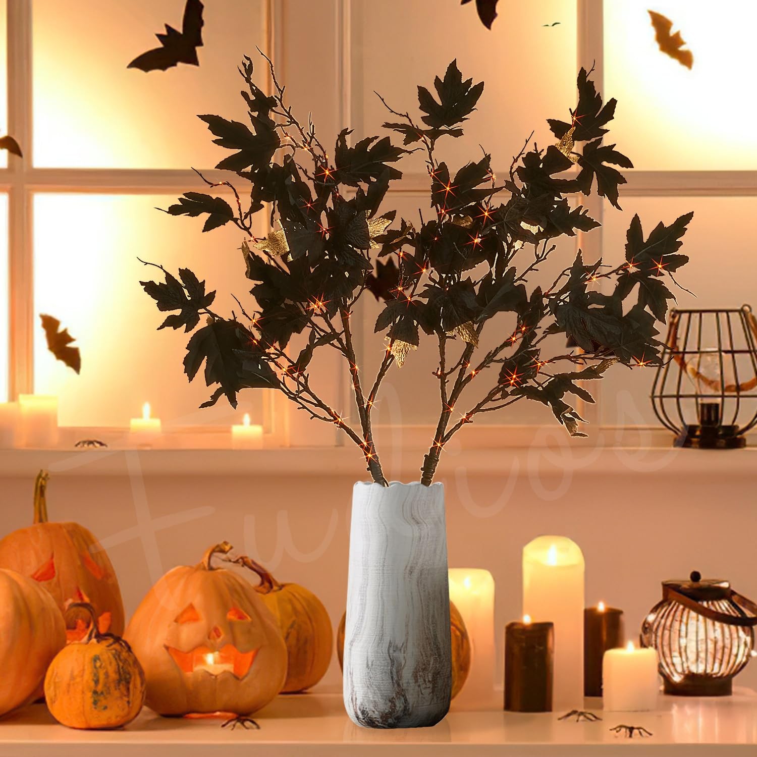 Halloween Black Branch Lights with Maple Leaves 120LED 32IN Battery Operated …