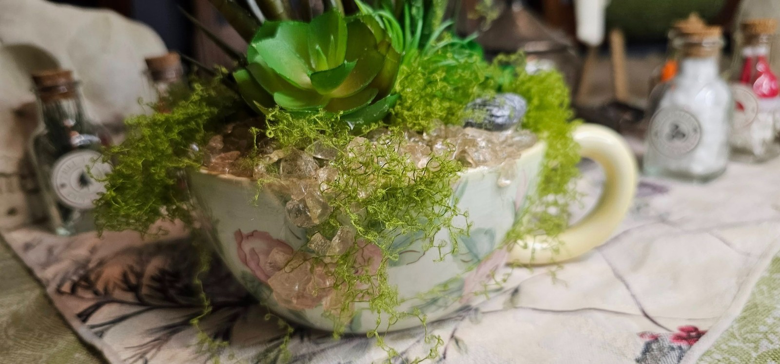 OOAK Upcycled DIY Succulent Tea Cup Fake Artificial Plant Decor Rose Quartz