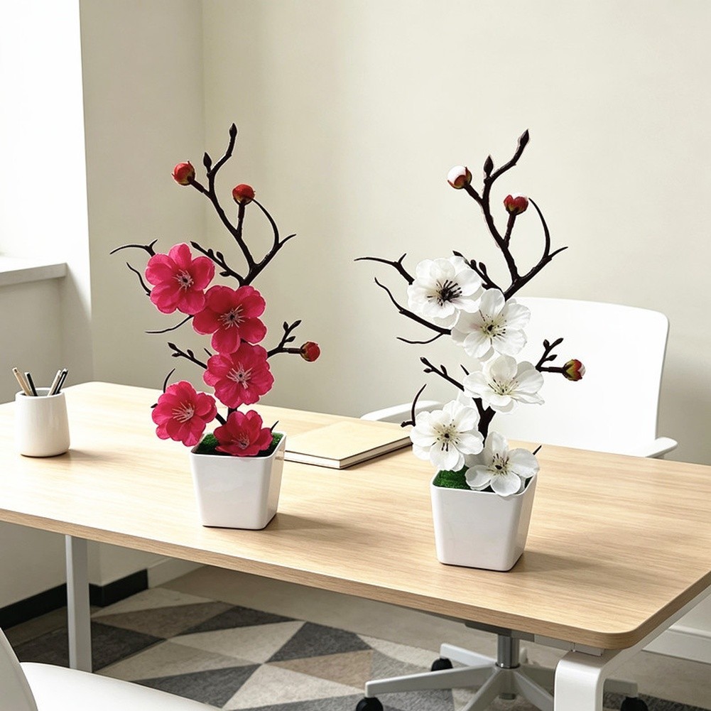 Artificial Winter Plum Blossom Potted Plant with Bare Twisted Branches