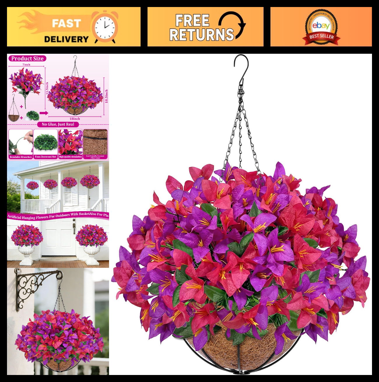 Faux Hanging Flowers for Outdoor Decor – UV Resistant Bougainvillea Planters, Re