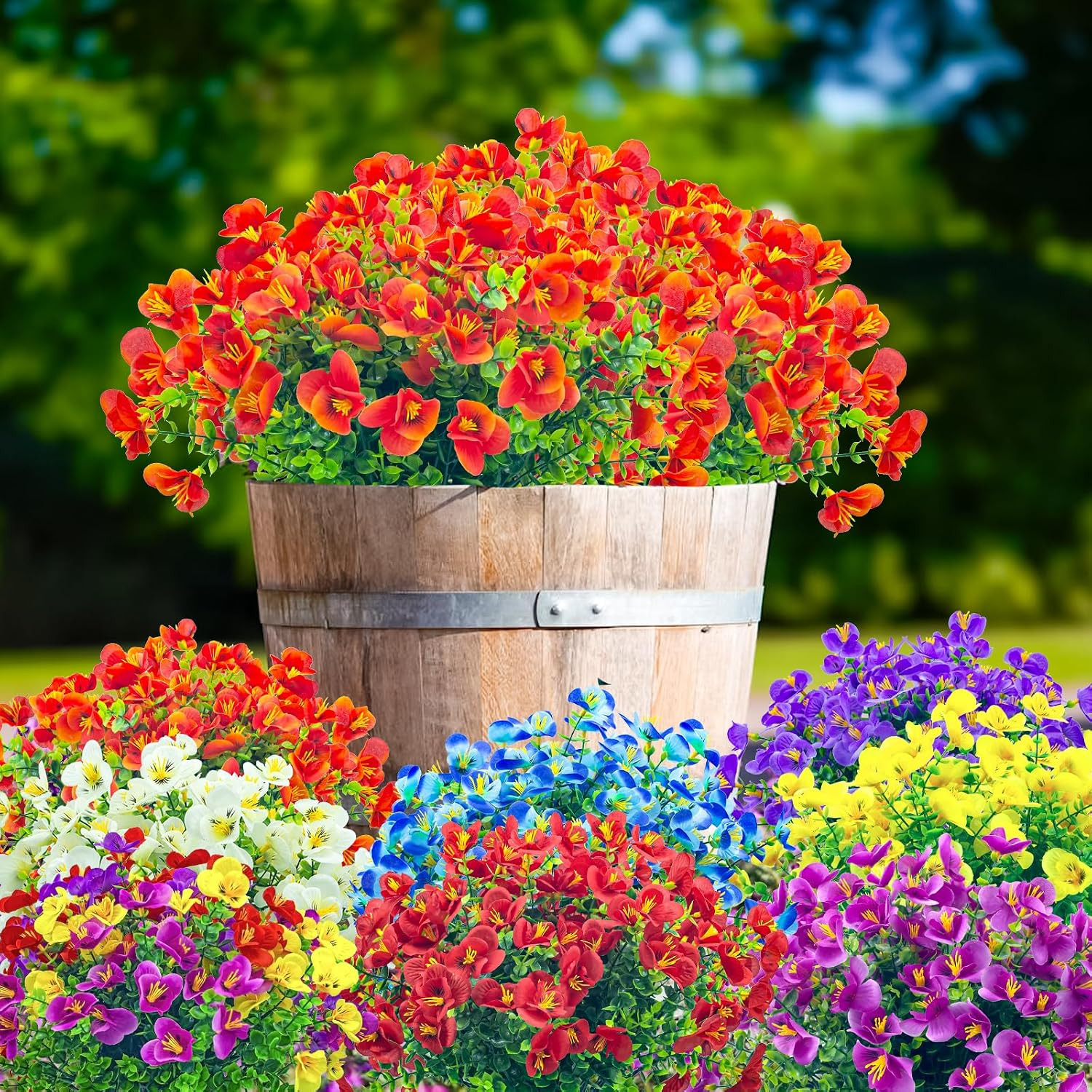 UV Resistant Faux Outdoor Flowers – 20 Bundles of Orange Red Shrubs