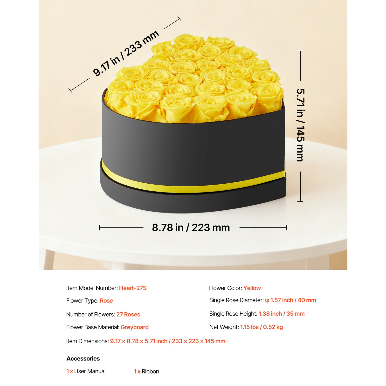 Uimoso 27 Preserved Roses in Heart-Shaped Box – Eternal Yellow Bouquet