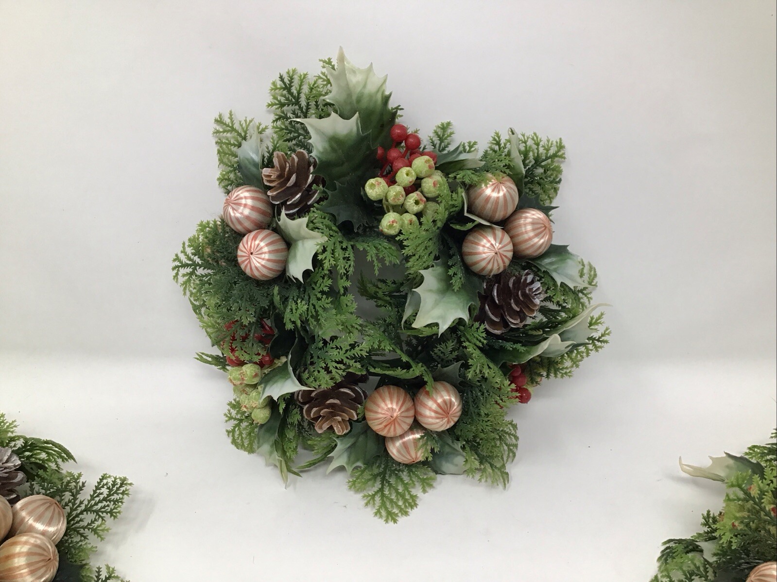 Christmas Wreath Ring Plastic Set Of 3 Berries Holly Bulbs Greens Vintage
