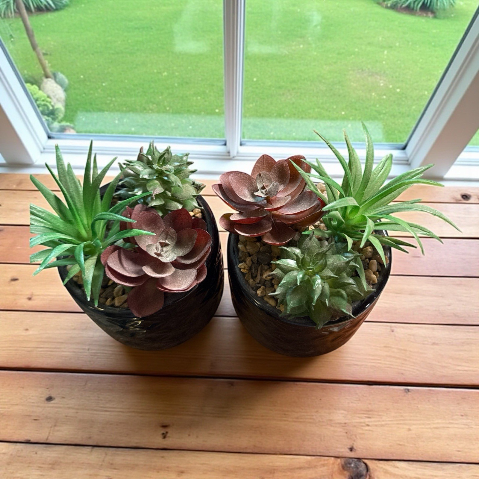 Artificial Succulent Flowers in Ceramic Black Pots Small Fake Plants Set of 2