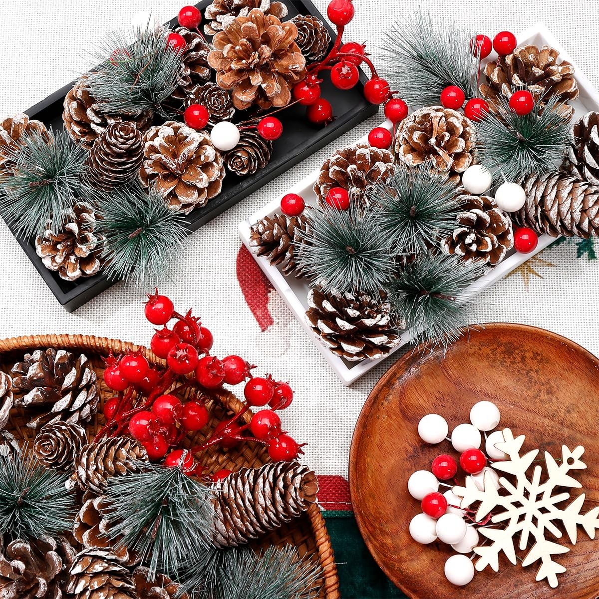 108 PCS Christmas Ornaments Pine Cones Berry Pine Branch Xmas Decor Set