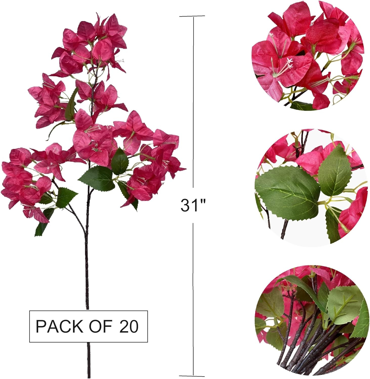Pack of 20 – Artificial Bougainvillea Flower Stems Silk Fuchsia Bougainvillea Bu