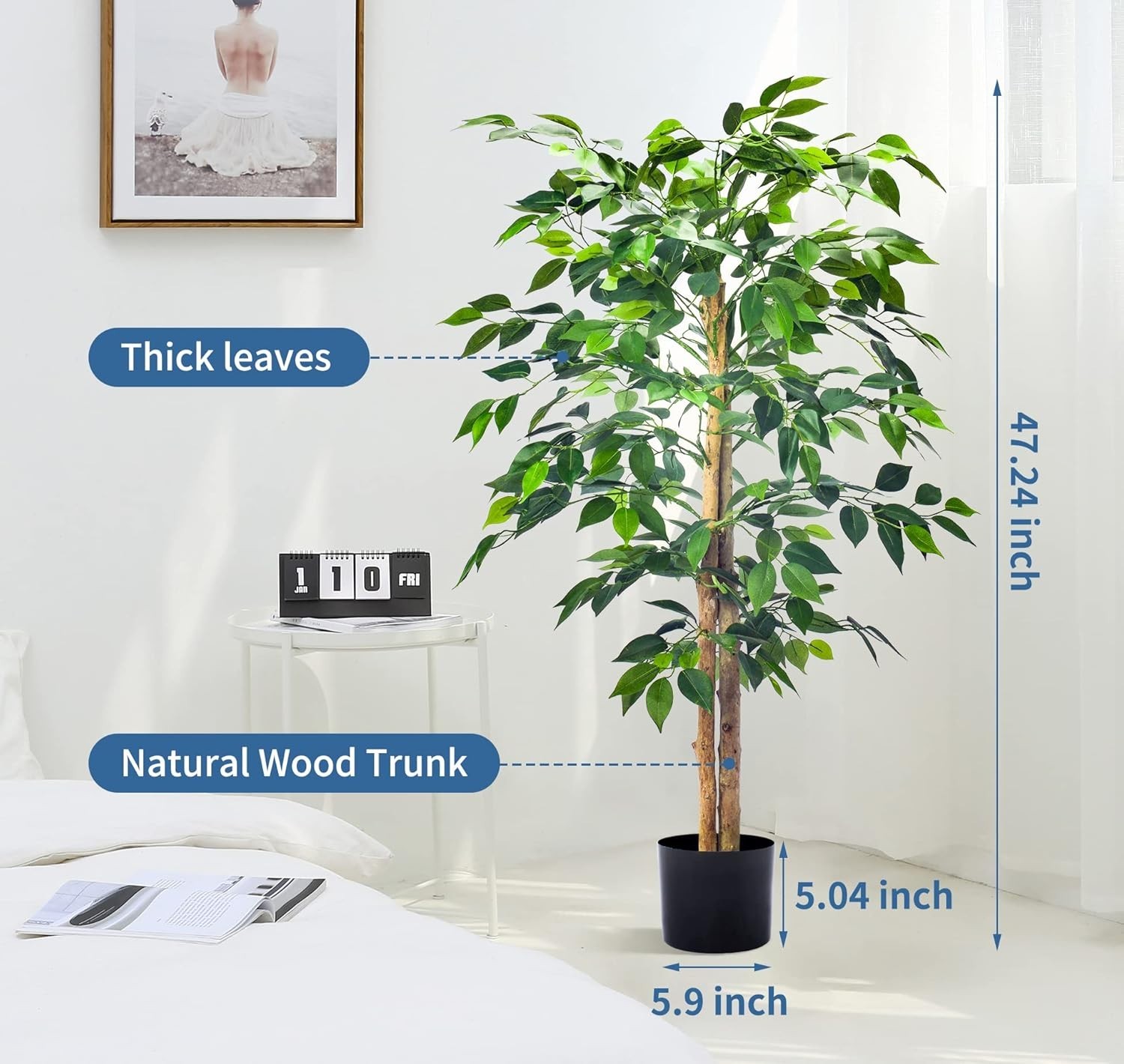 4ft Artificial Ficus Tree Indoor Home Office Decor Natural Wood Silk Leaves Moss