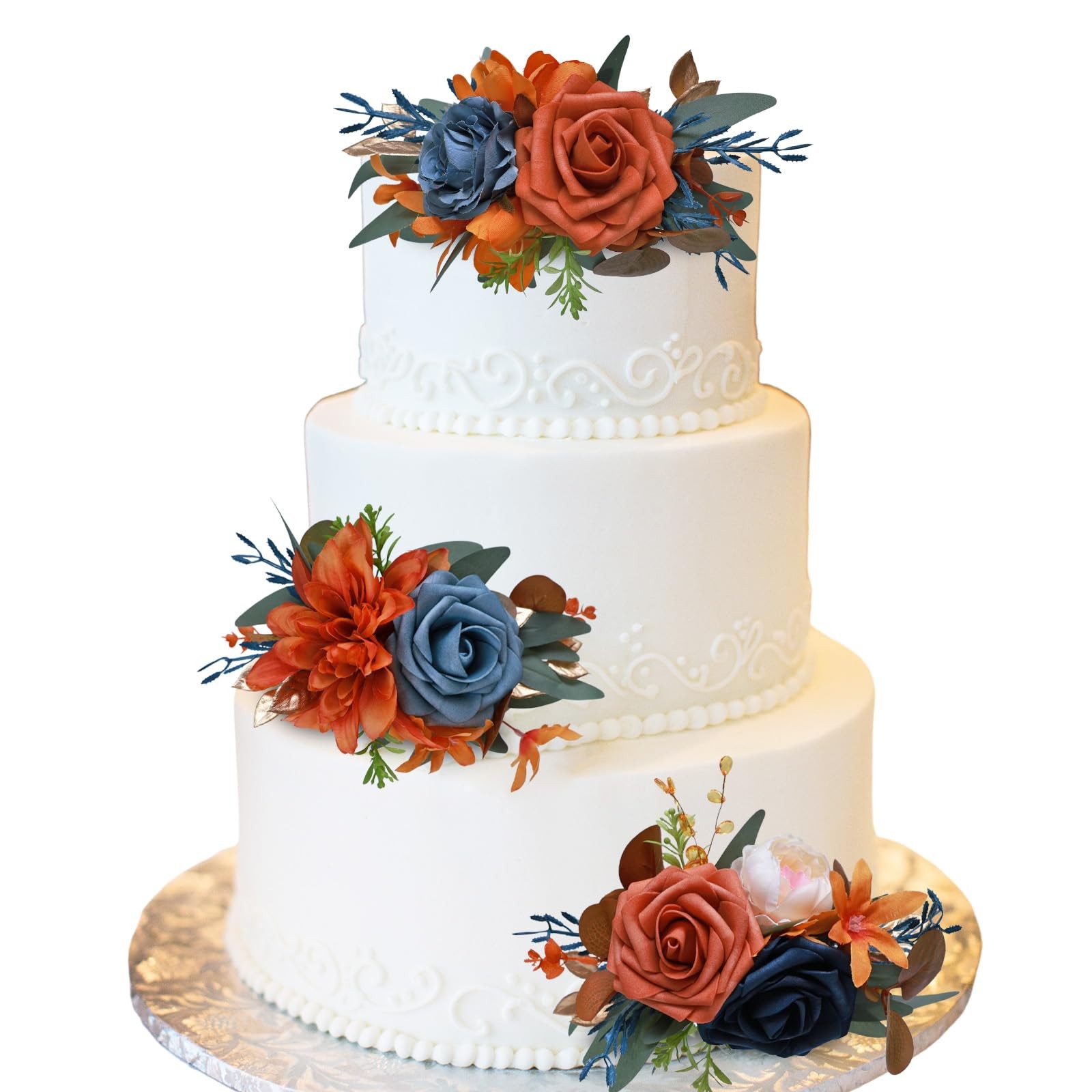 3Pcs Cake Topper Set Wedding Artificial Flowers Decor Burnt Orange-Blue Perfe…