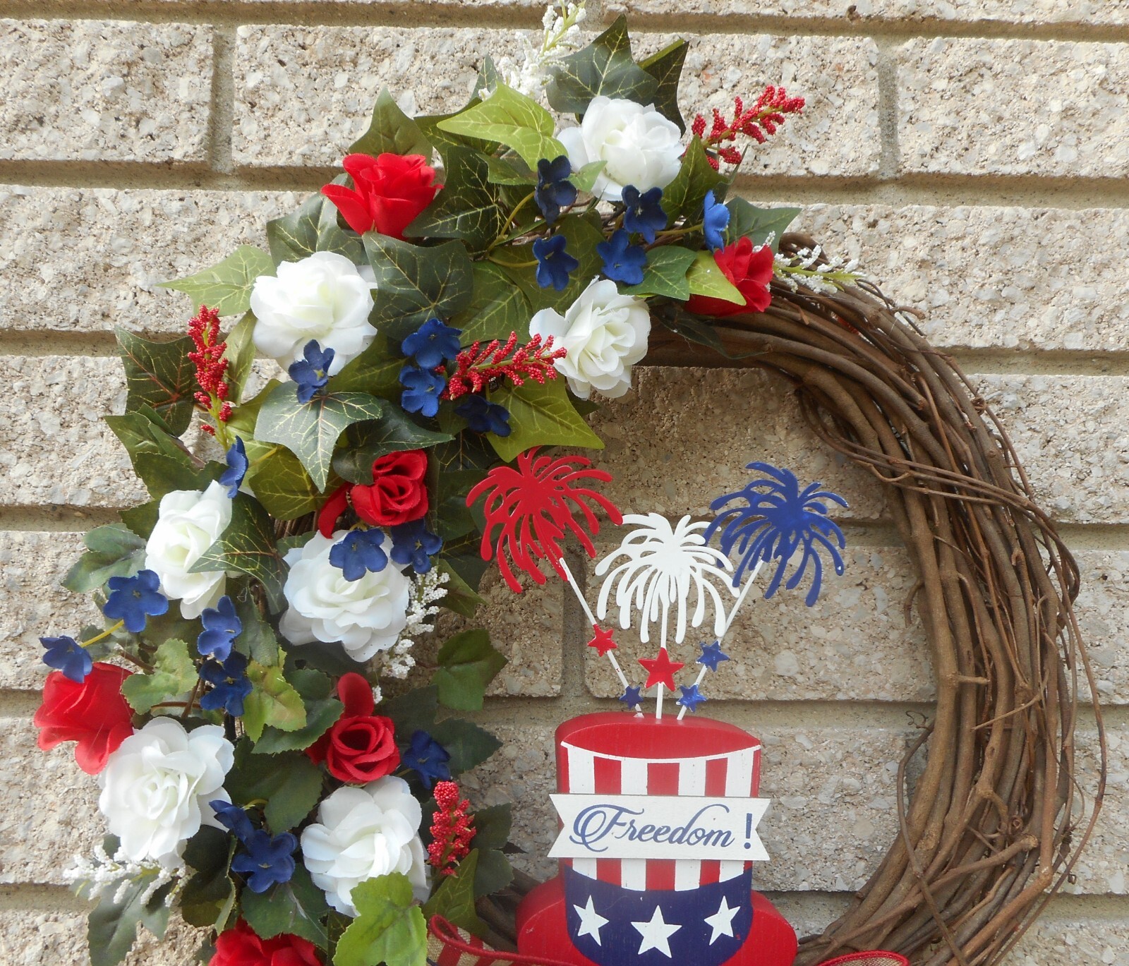16″ Patriotic Freedom July 4th Red White Blue Floral Summer Grapevine Wreath