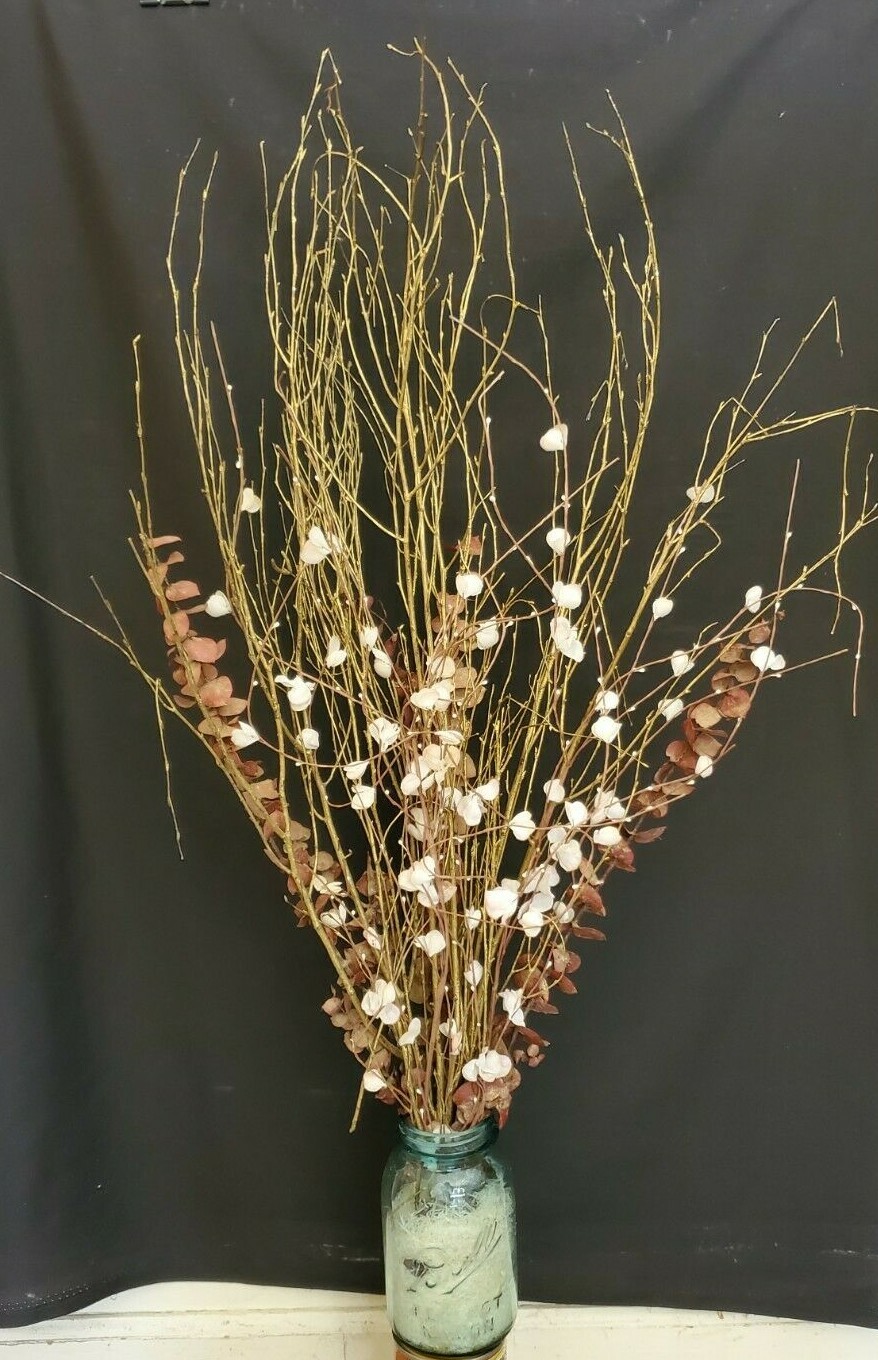 White & Pink Blossoms, Red Eucalyptus & Gold Painted Branches in a Mason Jar