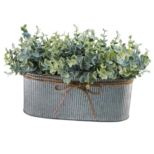 Artificial Eucalyptus Arrangement in Rustic Oval Galvanized Metal Planter Box