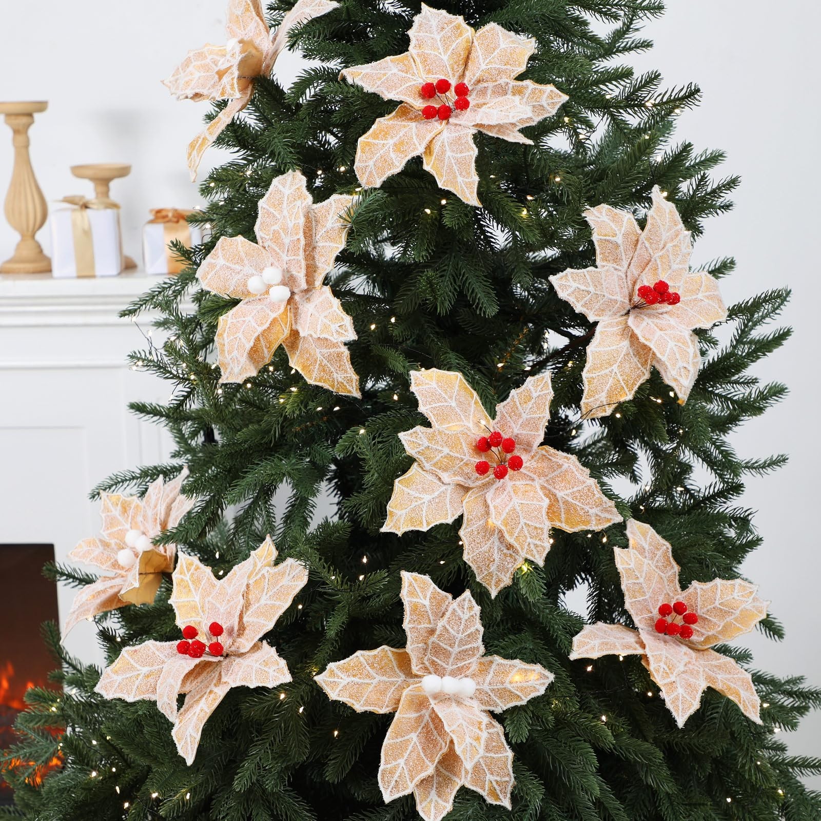 6 PCS 10.6 Inch Large Christmas Gingerbread Poinsettia Flowers Tree Picks Gold