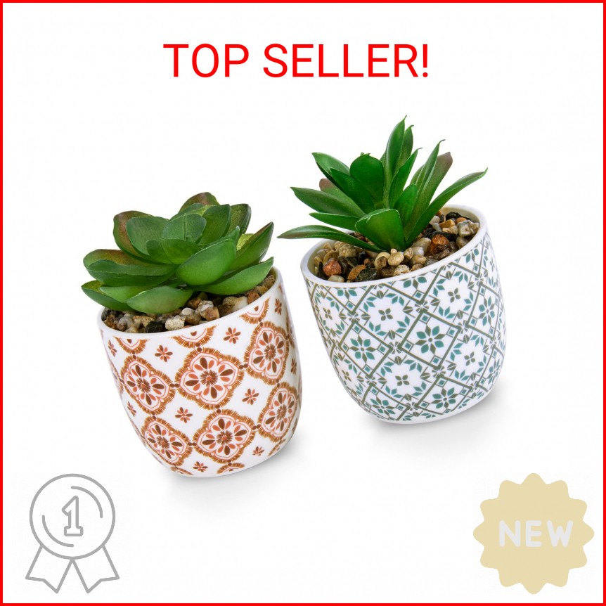 Karlliu Artificial Plants Succulent Flowers in Ceramic Planter 2 Pack Small Fake
