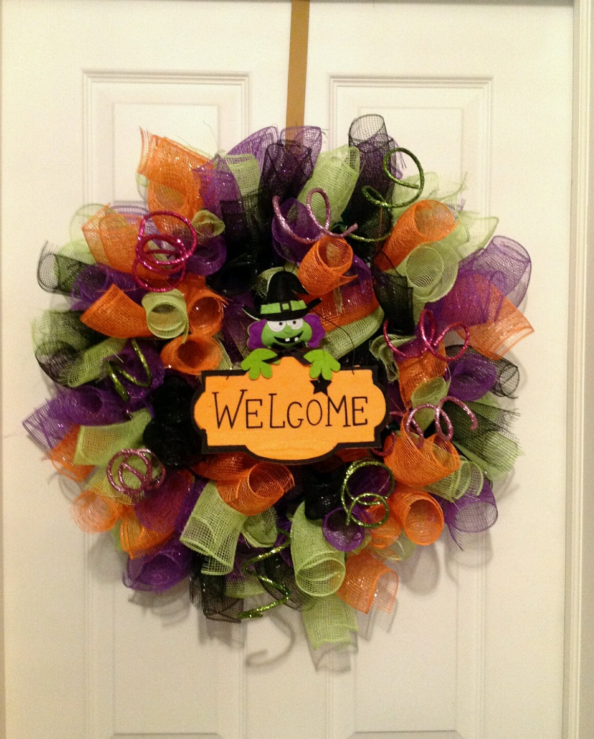 Handmade halloween,fall,pumpkin,orange, purple, green black deco mesh wreath