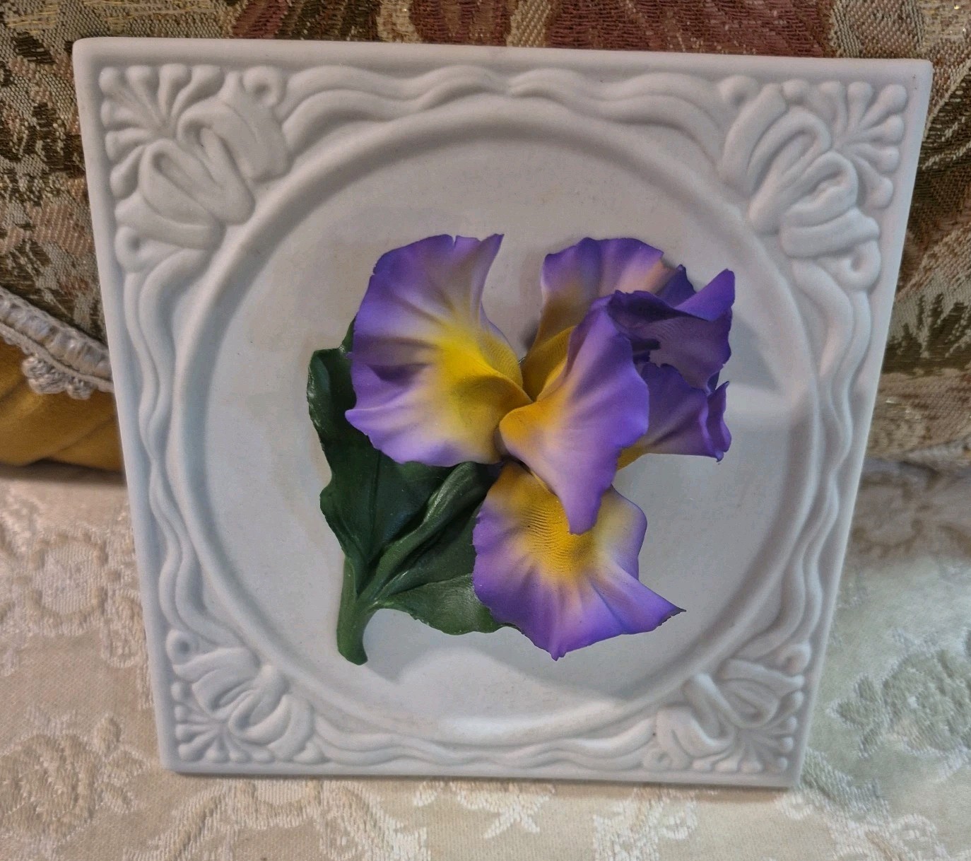 Vintage Blue Yellow Iris Fabar Capodimonte Porcelain Italy Flower Sculpture