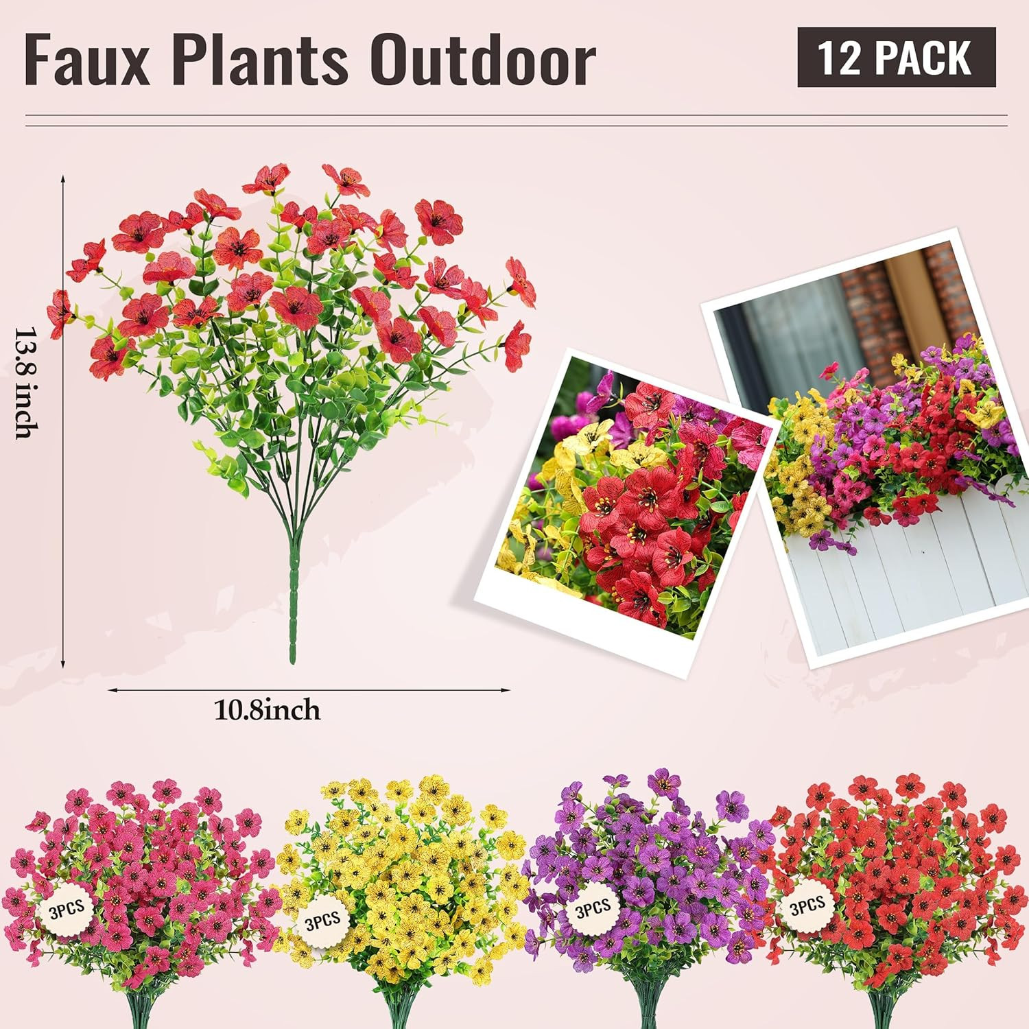 12 Bundles Artificial Flowers for Outdoors Fake Flowers Plants Spring Summer Dec