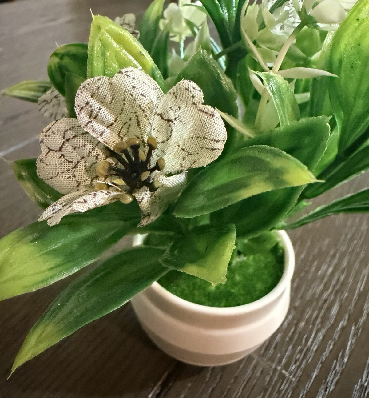 Artificial White Striped Flower Plant in White Pot – Home Décor (SKU 001)