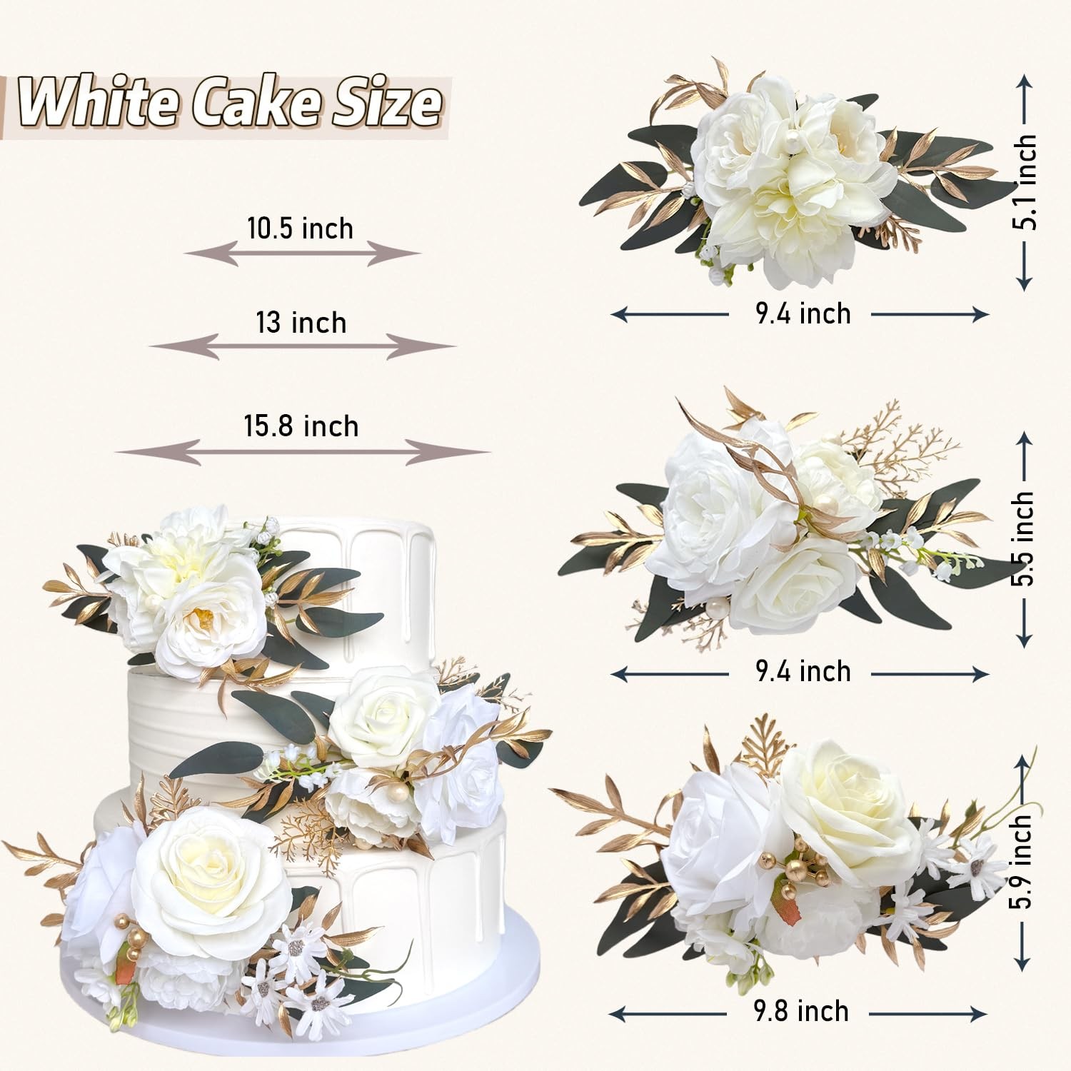 Pre-made Ivory White Gold Flower Cake Topper Decorations Artificial Flowers f…