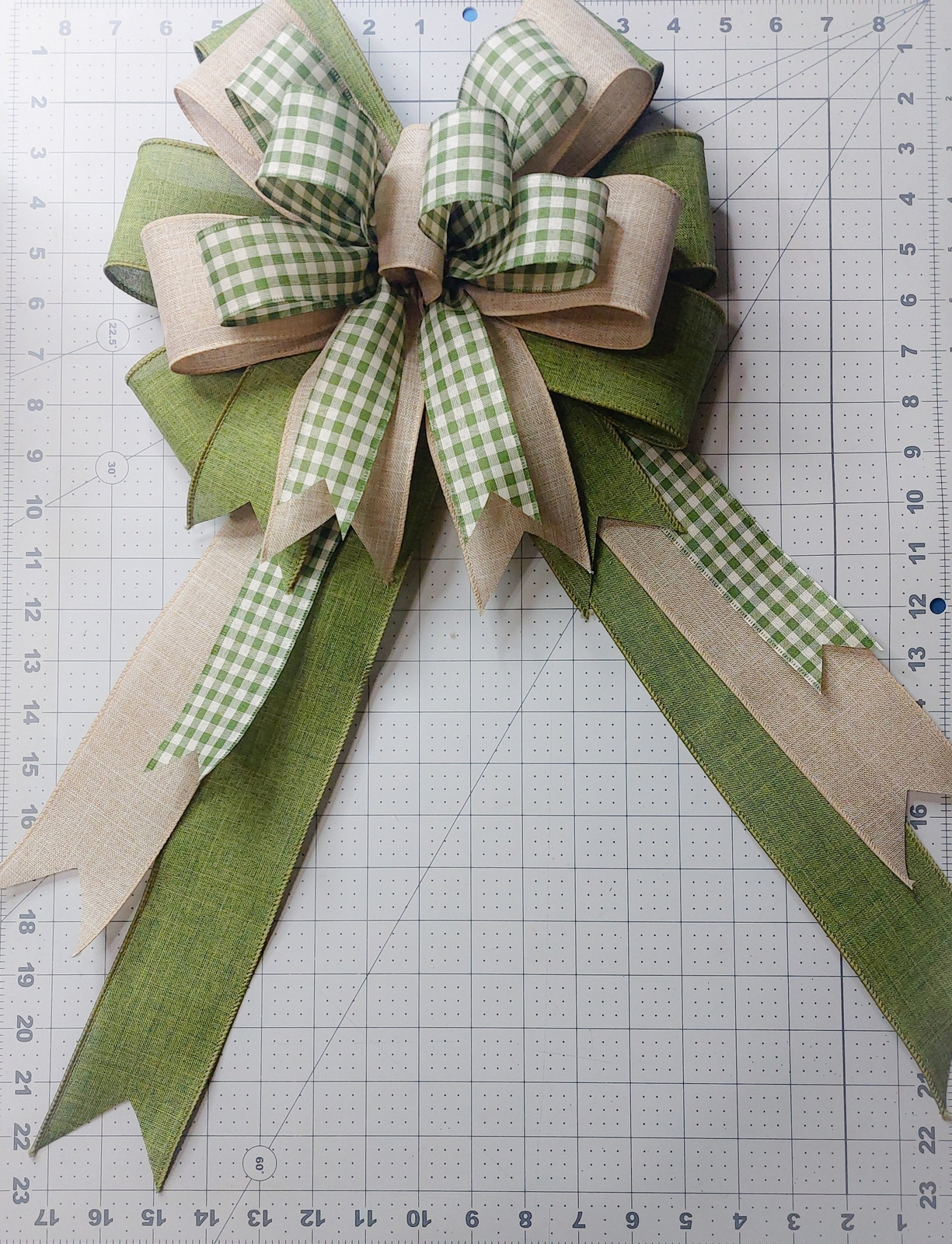 Gingham Check with Beige and Moss Green Bow