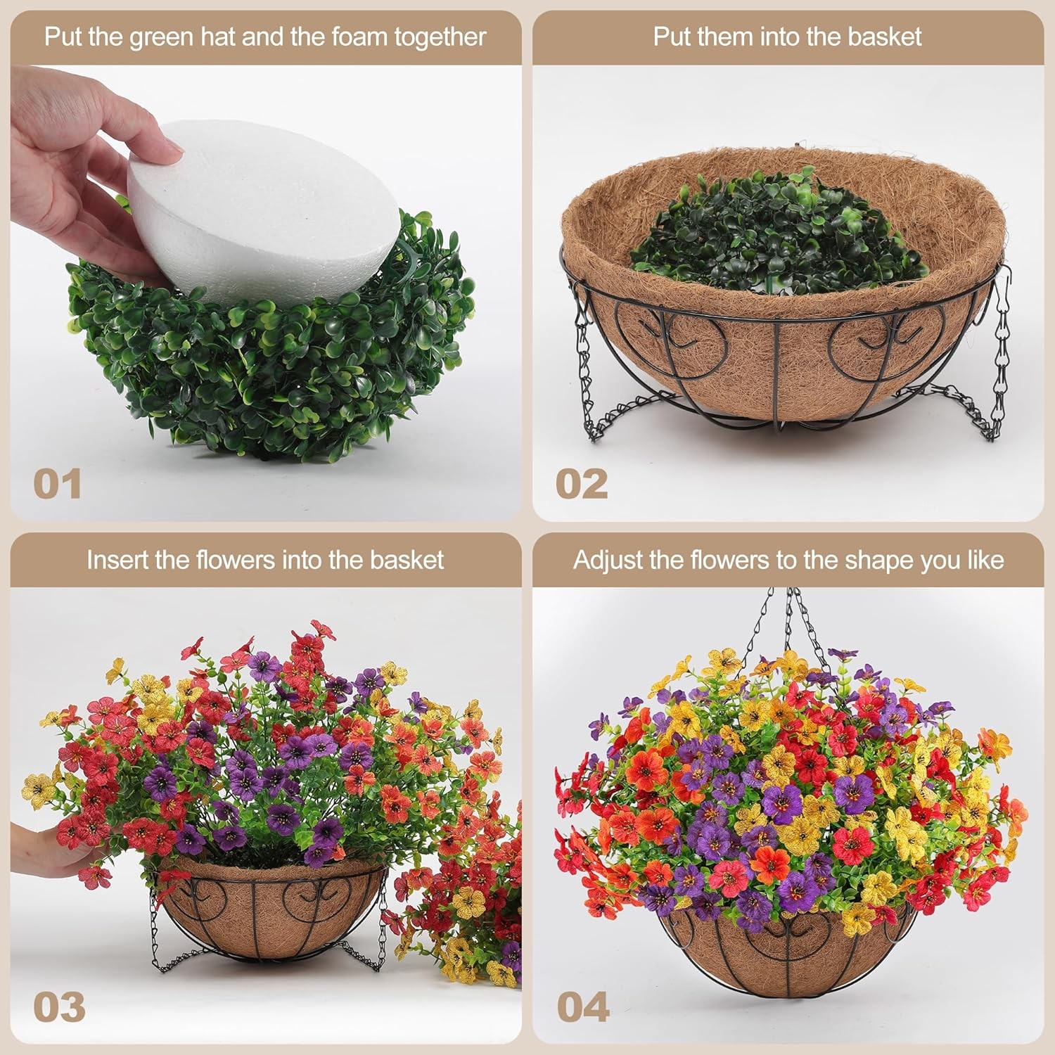Hanging Plant Basket Artificial Silk Fake Flowers for Garden Patio Multicolor