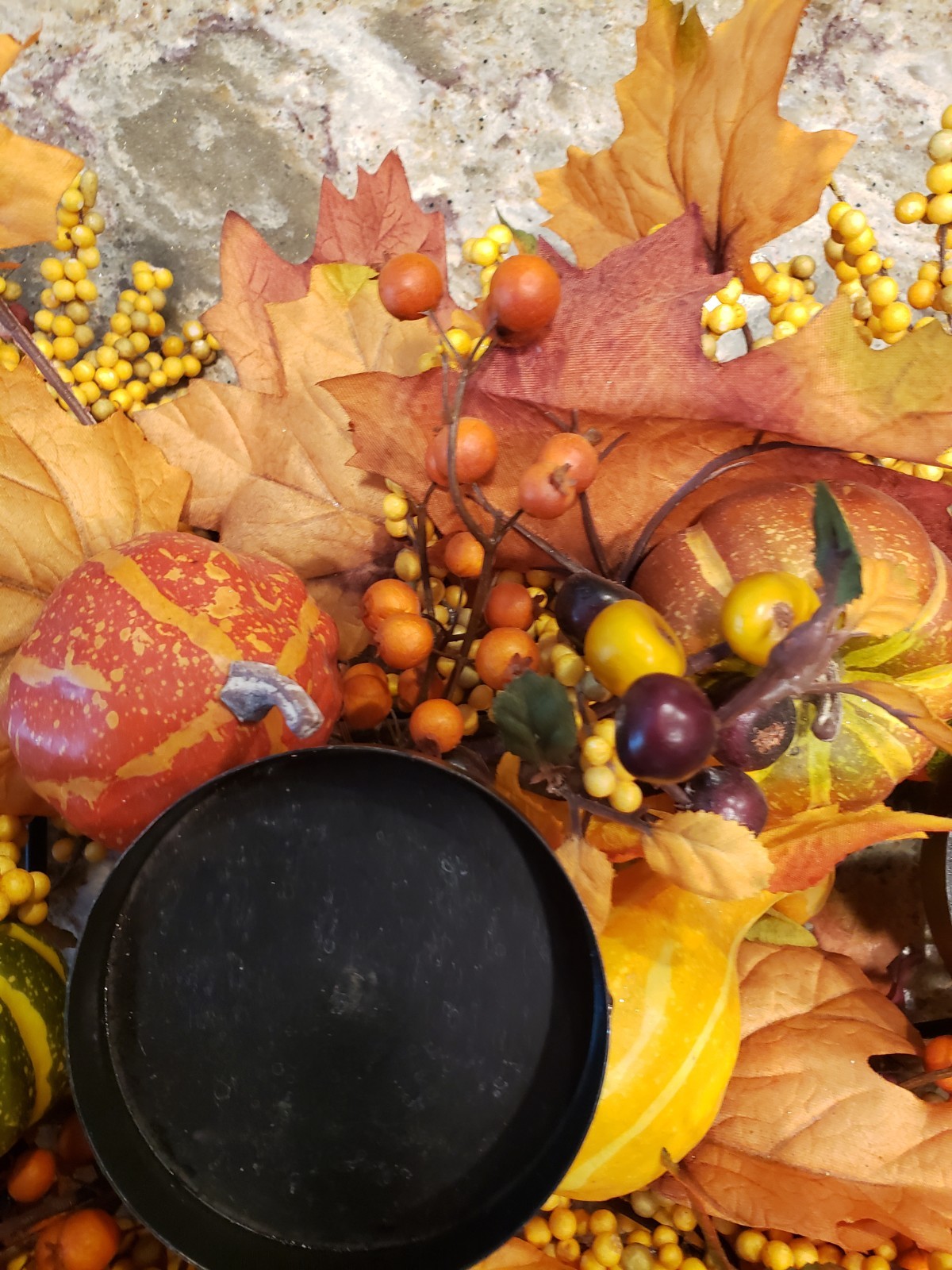Thanksgiving/Fall Leaves Gourd Centerpiece 3 Candle Holder w/Berries 23”L X 6″H