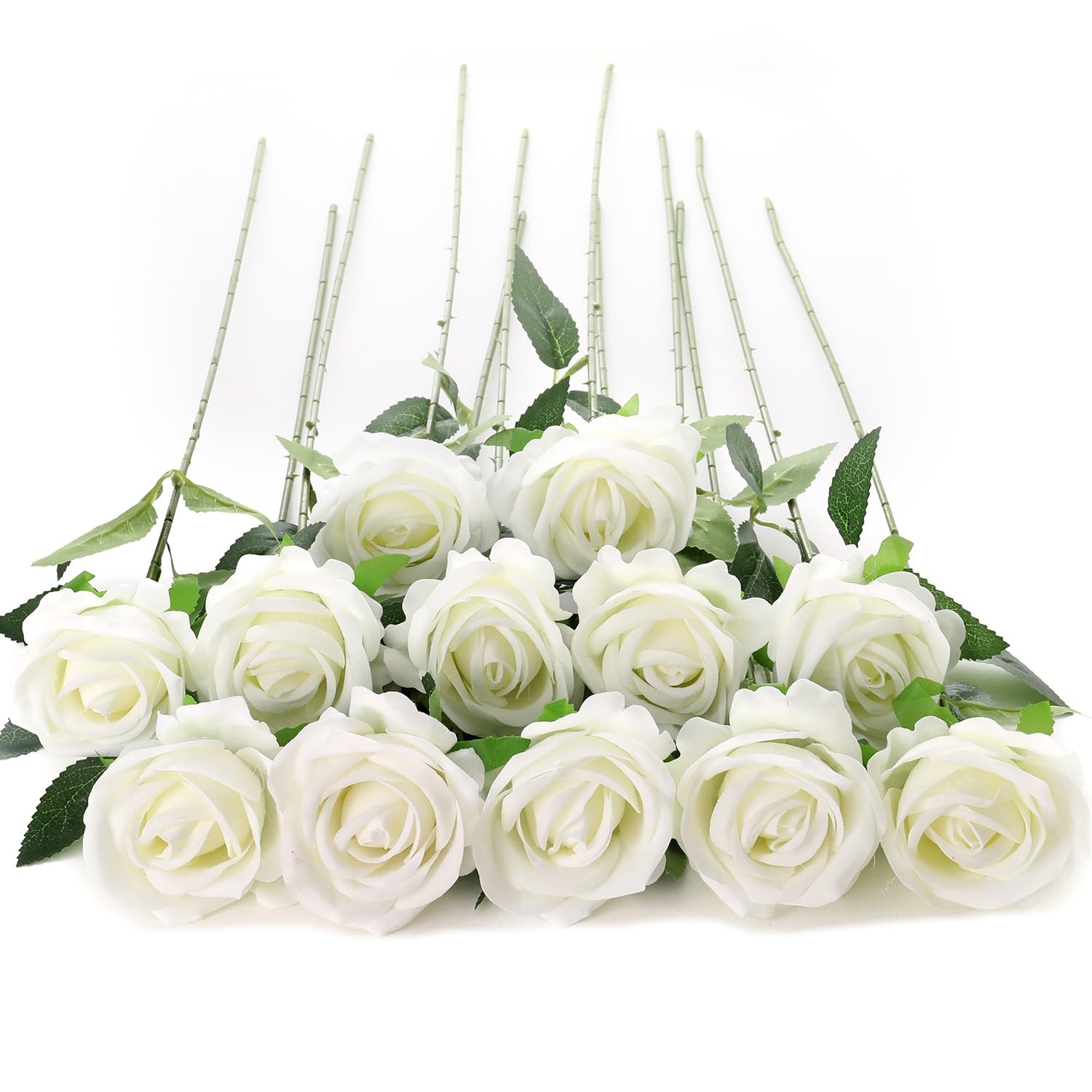 Pearl White Faux Velvet Silk Artificial Roses for Home, Wedding Decor, 12 PCS