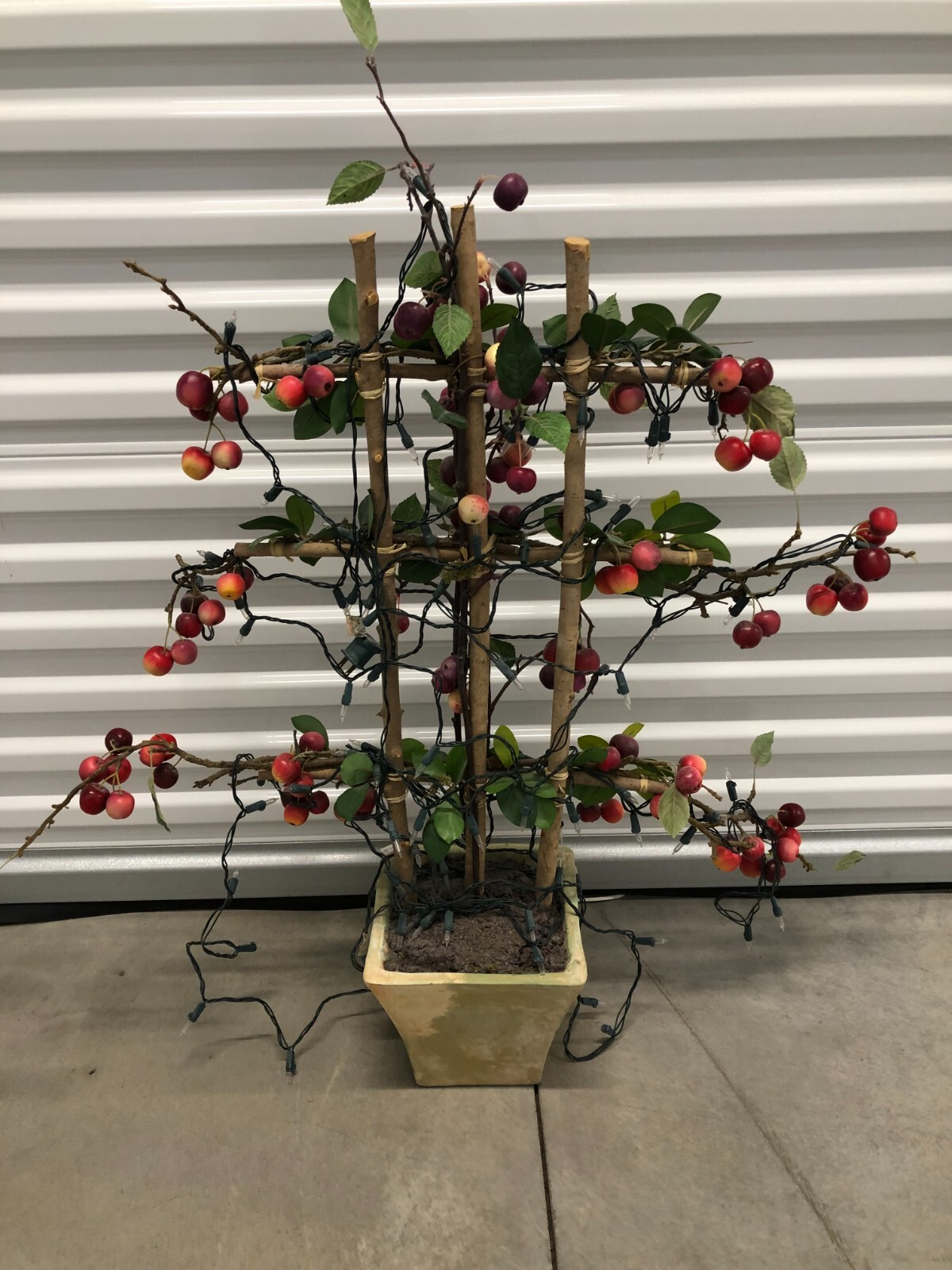 Lighted Faux Crabapple Tree on Bamboo Trellis, Decor Artificial Plant & Fruits