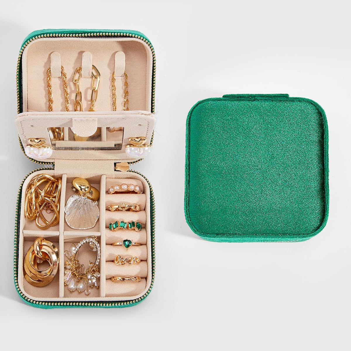 Travel Velvet Jewelry Box with Mirror, Mini Gifts Case for PlushVelvet-Green