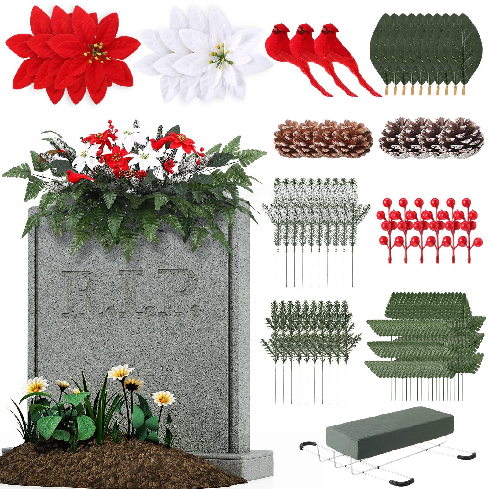70 Pcs Artificial Christmas Cemetery Flowers Headstone Flower Saddle Artifici…