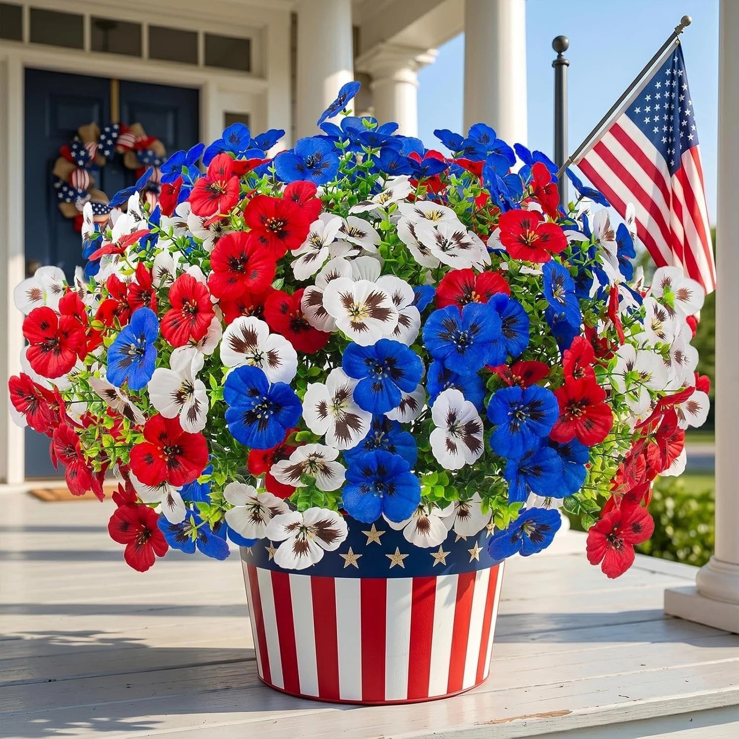 Vibrant 18 Pcs Artificial Pansy Flowers for Porch & Patio – Red, White, Blue