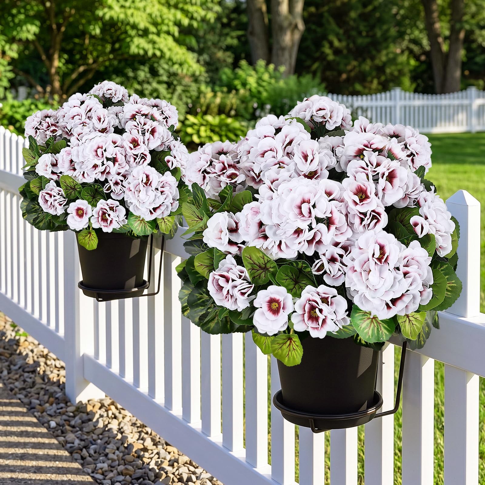 Set of 2 Artificial Geranium Potted for Outdoor, Pre-Made, White